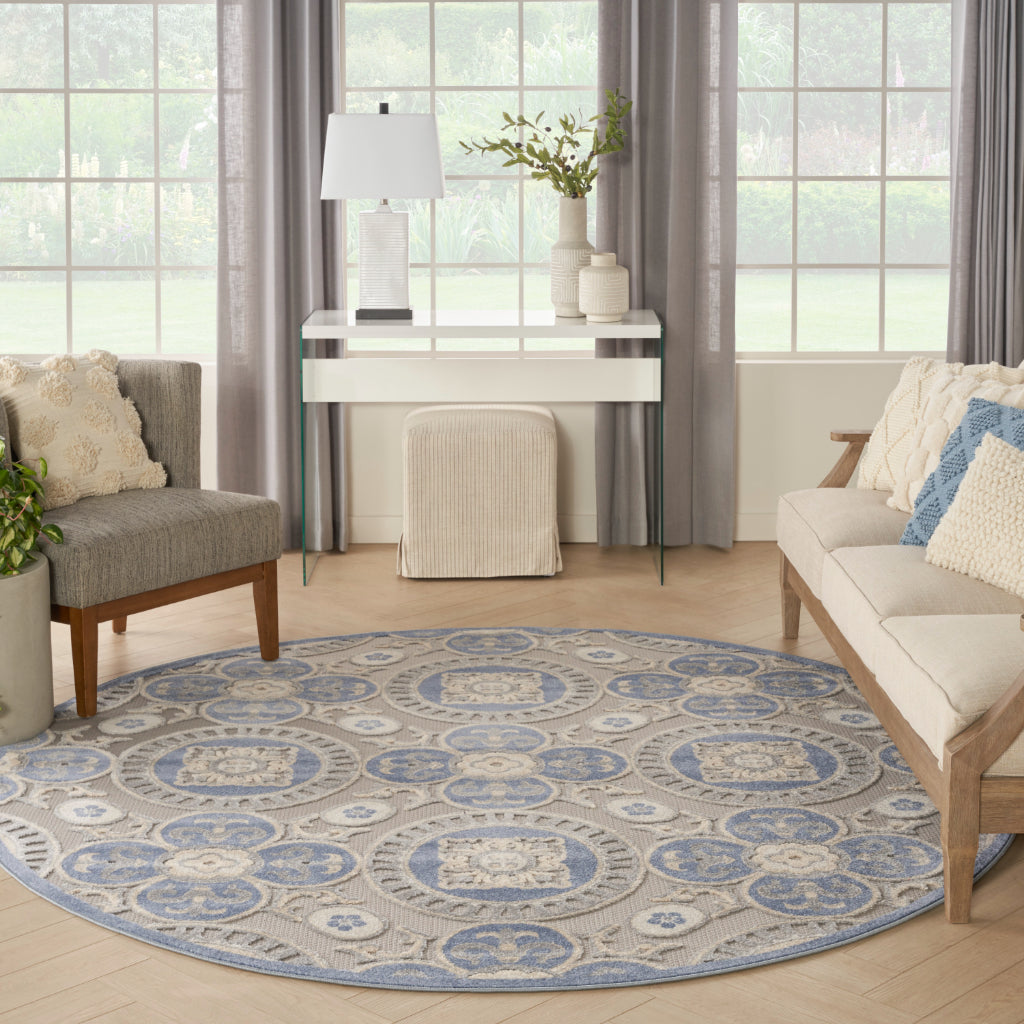 Nourison Home Aloha ALH30 Machine Made Multicolor Round Area Rug - Stain Resistant Indoor/Outdoor Rug with Blue & Gray Palette-