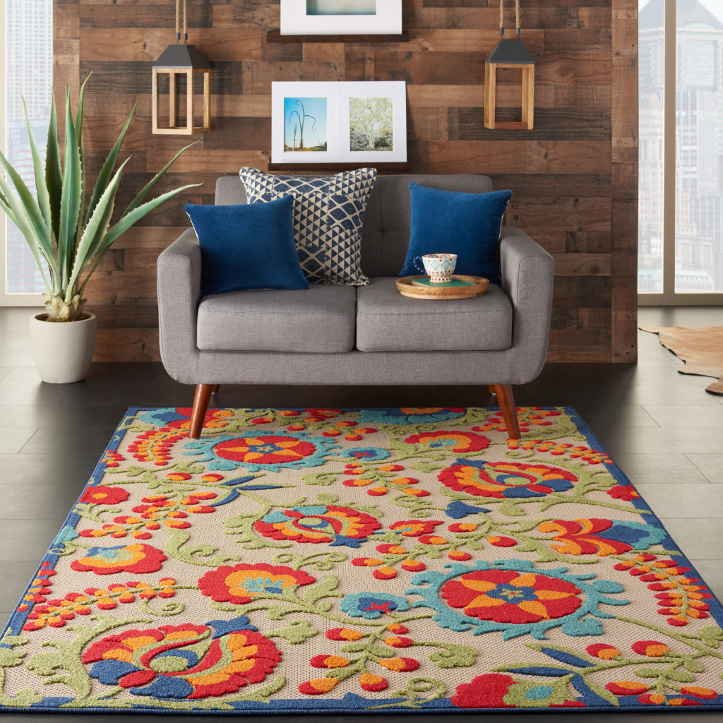 Nourison Home Aloha ALH17 Machine Made Multicolor Rectangle Area Rug - Stain Resistant Indoor & Outdoor Low Pile Floral Rug with Beige Background-