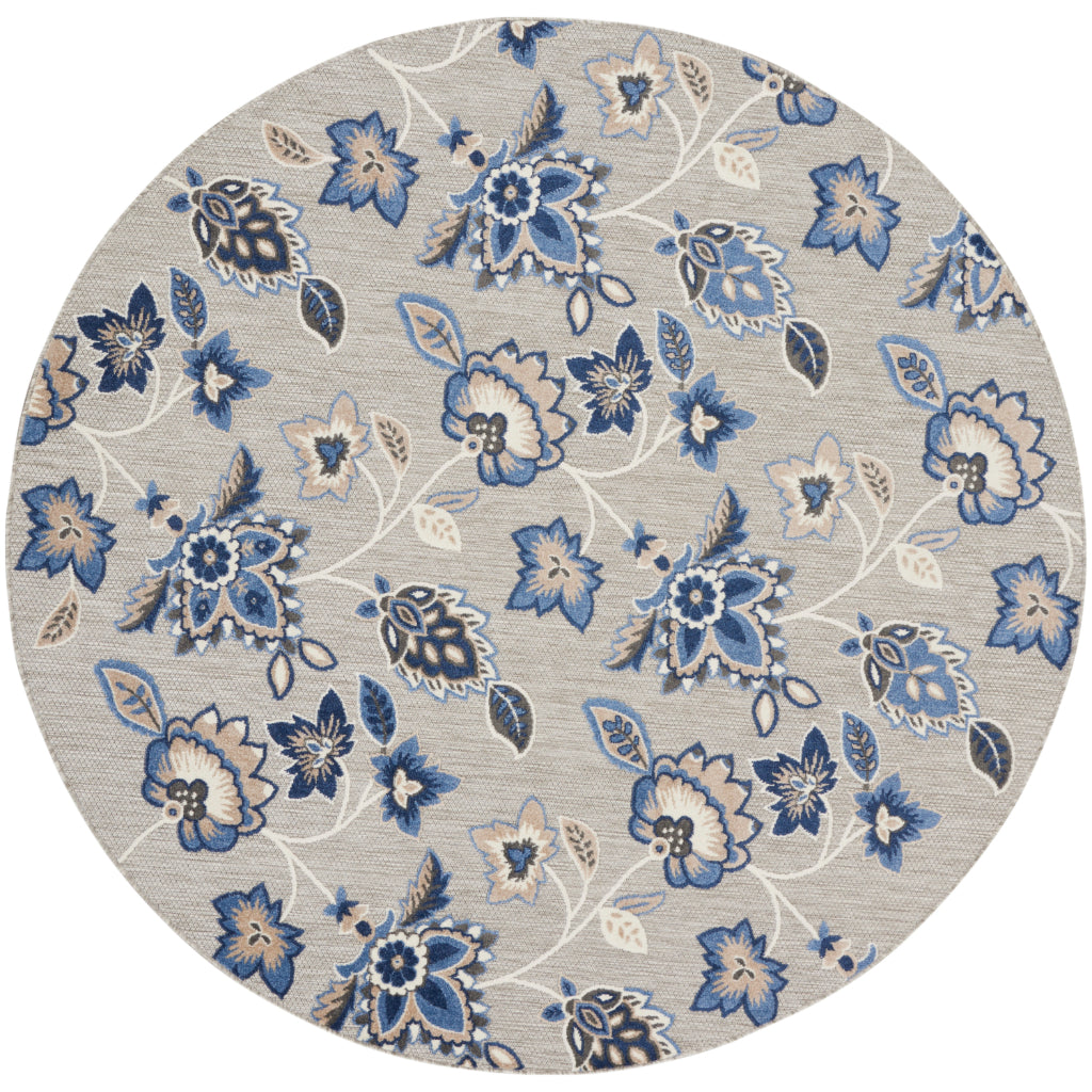Nourison Home Aloha ALH31 Machine Made Multicolor Round Area Rug - Stain Resistant Indoor & Outdoor Low Pile Rug with Blue-Gray Floral Design-