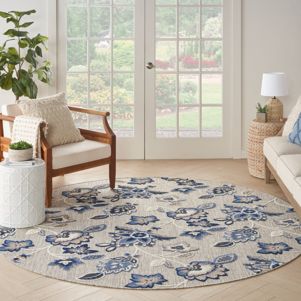 Nourison Home Aloha ALH31 Machine Made Multicolor Round Area Rug - Stain Resistant Indoor & Outdoor Low Pile Rug with Blue-Gray Floral Design-