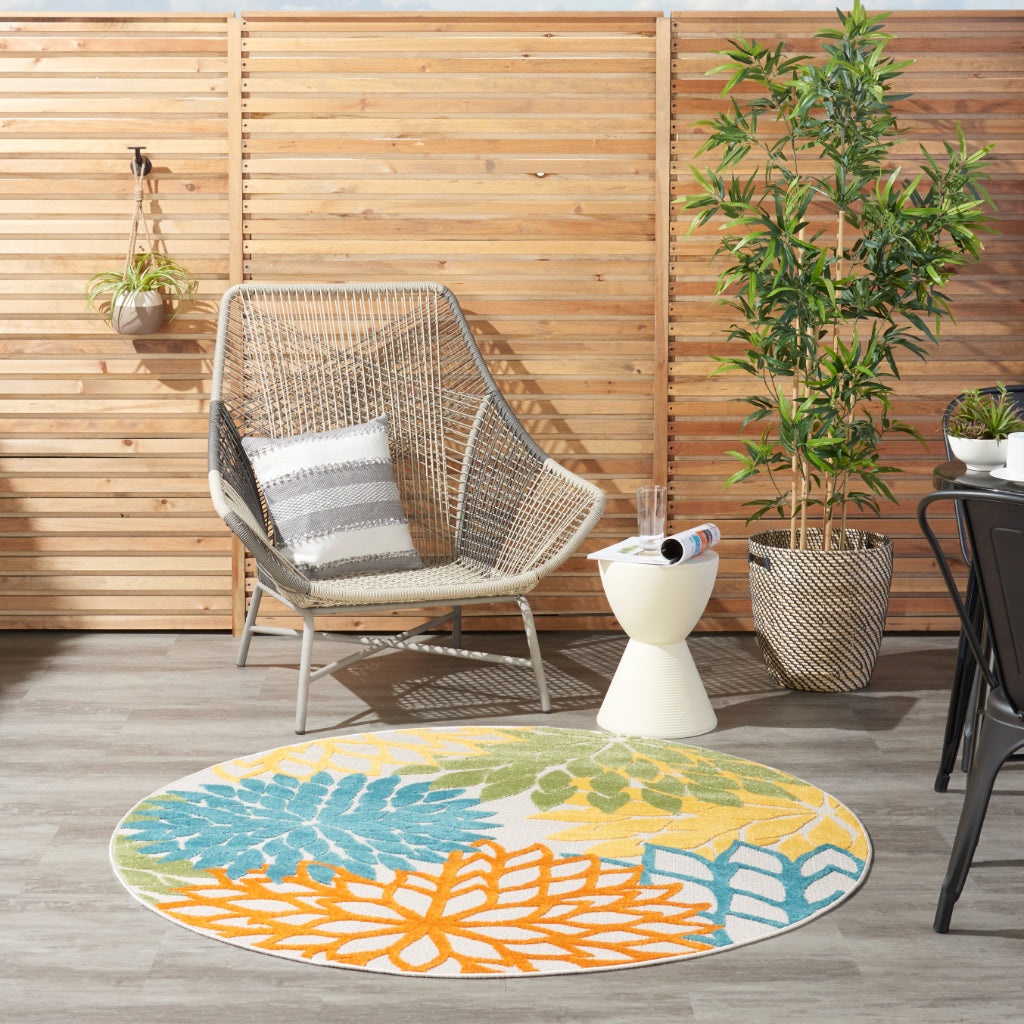Nourison Home Aloha ALH05 Machine Made Multicolor Round Area Rug - Stain Resistant Indoor & Outdoor Low Pile Rug with Turquoise Floral Design-