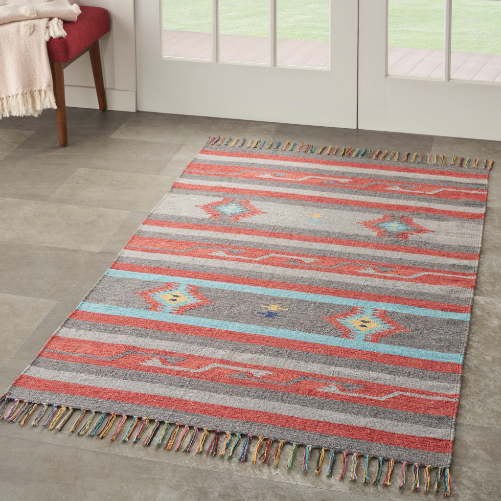 Nourison Home Baja BAJ01 Handmade Multicolor Rectangle Area Rug - Reversible Indoor Rug with Gray &amp; Red Stripes