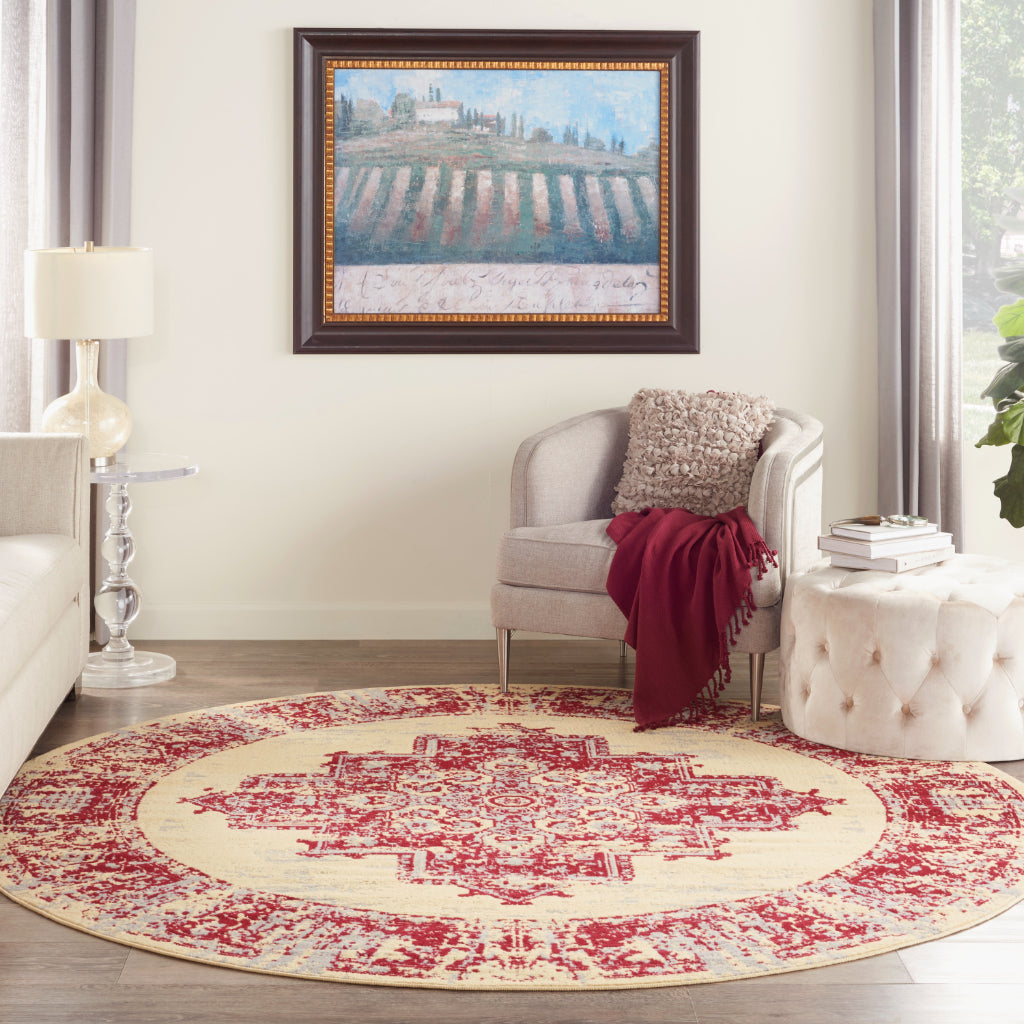 Nourison Home Grafix GRF14 Two-Color Indoor Round Area Rug - Vintage Style Power-Loomed Medium Pile Rug with Shades of Cream & Red-