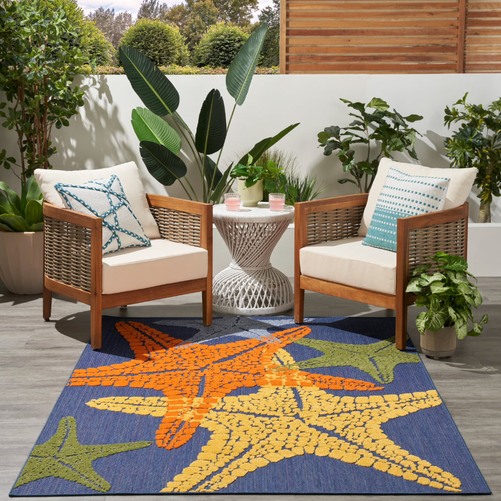 Nourison Home Aloha ALH28 Machine Made Multicolor Rectangle Area Rug - Stain Resistant Indoor/Outdoor Rug with Starfish Design in Blue Background-