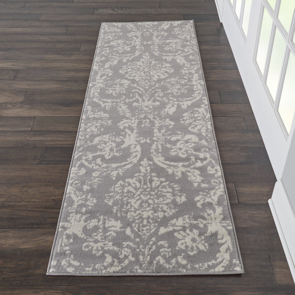 Nourison Home Jubilant JUB09 Gray Indoor Runner - Classic Damask Pattern Medium Pile Runner-
