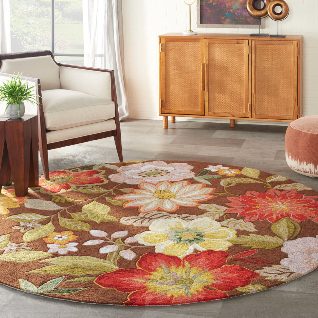 Nourison Home Fantasy FA18 Multicolor Indoor Round Area Rug - Hand Hooked Medium Pile Floral Rug with Brown Background