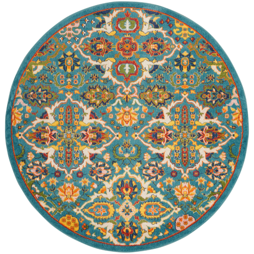 Nourison Home Allur ALR03 Power Loomed Multicolor Round Area Rug - Indoor Low Pile Bohemian Style Rug in Blue Background-