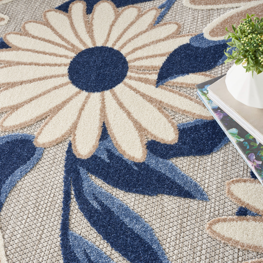 Nourison Home Aloha ALH33 Machine Made Multicolor Round Area Rug - Stain Resistant Indoor &amp; Outdoor Low Pile Rug with Blue-Gray Floral Design