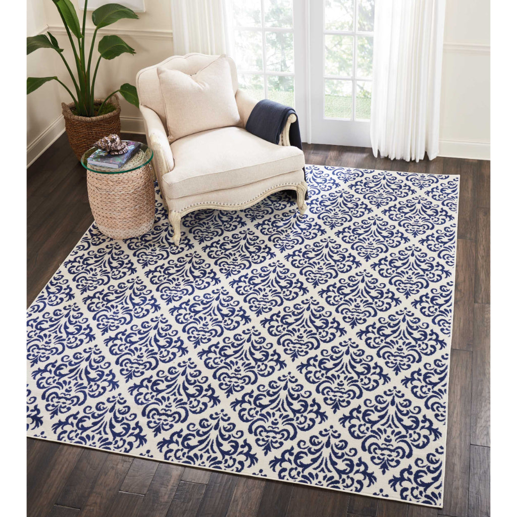 Nourison Home Grafix GRF06 Blue Rectangle Indoor Area Rug - Power Loomed Medium Pile Rug with Damask Pattern