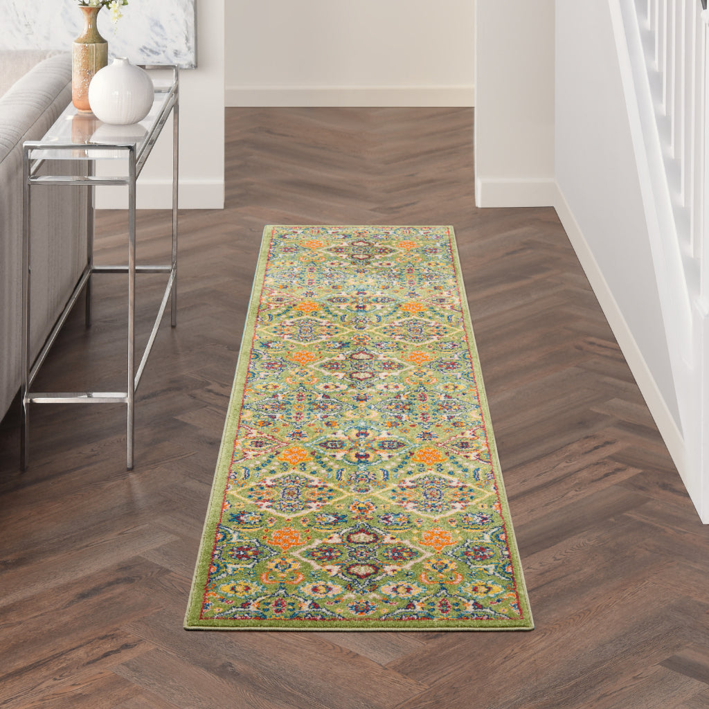 Nourison Home Allur ALR03 Power Loomed Multicolor Runner - Indoor Low Pile Bohemian Style Runner in Green Background-