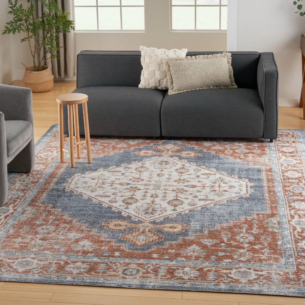 Nourison Home Astra ASW11 Rectangle Multicolor Machine Washable Rug - Power Loomed Persian Rug with Faded Blue-Orange Medallion Pattern-