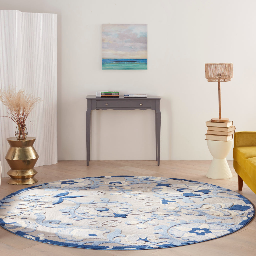 Nourison Home Aloha ALH17 Machine Made Multicolor Round Area Rug - Stain Resistant Indoor &amp; Outdoor Low Pile Floral Rug with Gray Background