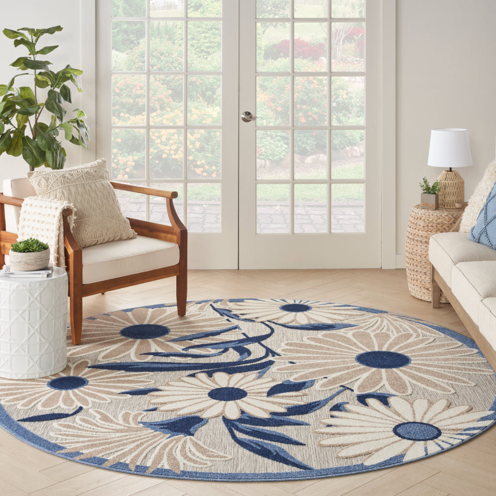 Nourison Home Aloha ALH33 Machine Made Multicolor Round Area Rug - Stain Resistant Indoor &amp; Outdoor Low Pile Rug with Blue-Gray Floral Design