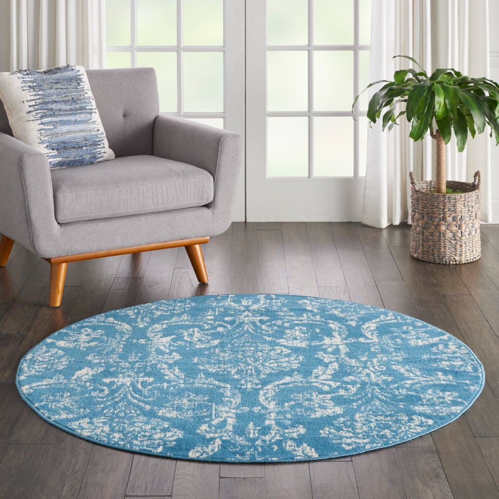 Nourison Home Jubilant JUB09 Blue Round Indoor Area Rug - Classic Damask Pattern Medium Pile Rug-