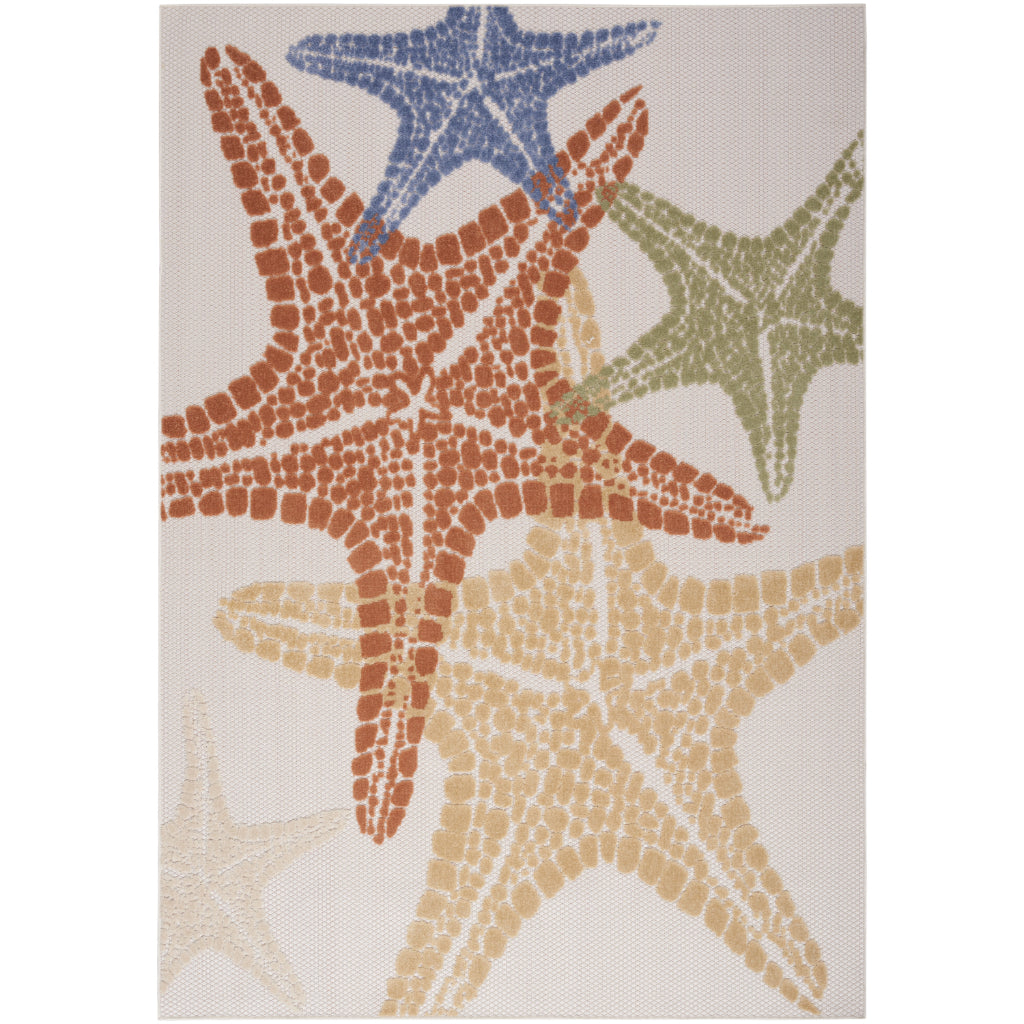 Nourison Home Aloha ALH28 Machine Made Multicolor Rectangle Area Rug - Stain Resistant Indoor/Outdoor Rug with Starfish Design in Ivory Background-