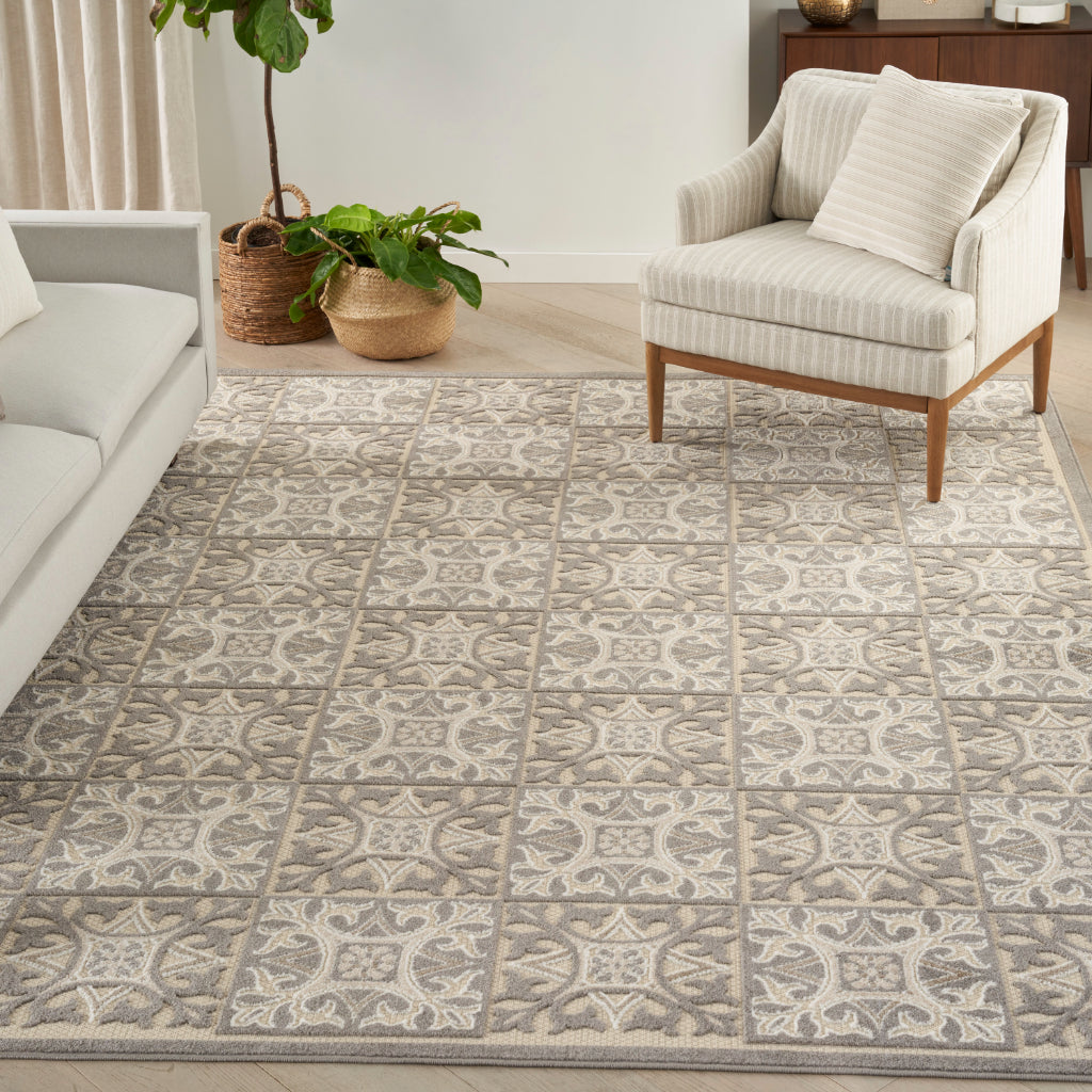 Nourison Home Aloha ALH34 Machine Made Multicolor Rectangle Area Rug - Stain Resistant Low Pile Rug with Gray Ornate Geometric Pattern-