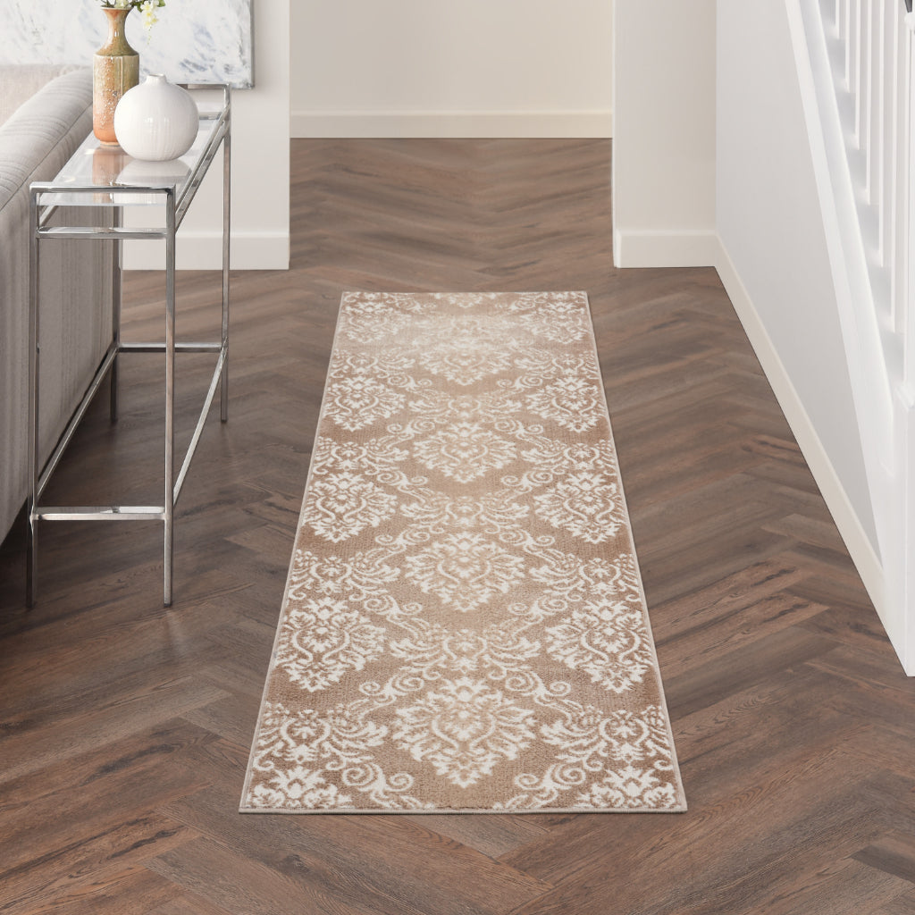 Nourison Home Elation ETN03 Brown Indoor Runner - Power Loomed Low Pile Hallway Runner with White &amp; Brown Floral Design