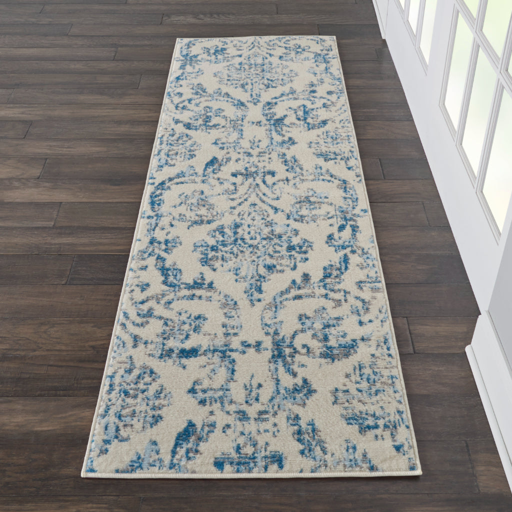 Nourison Home Jubilant JUB09 Blue Indoor Runner - Classic Damask Pattern Medium Pile Runner-