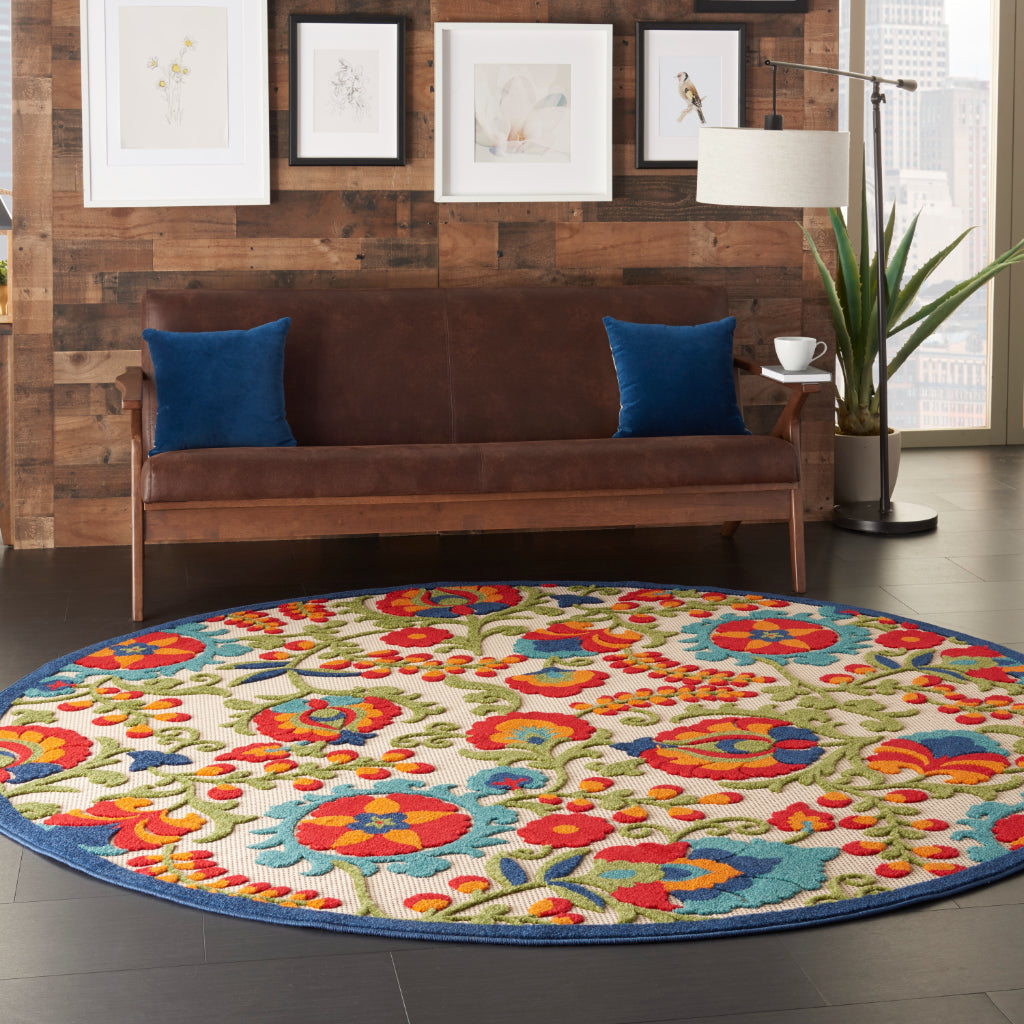 Nourison Home Aloha ALH17 Machine Made Multicolor Round Area Rug - Stain Resistant Indoor &amp; Outdoor Low Pile Floral Rug with Beige Background