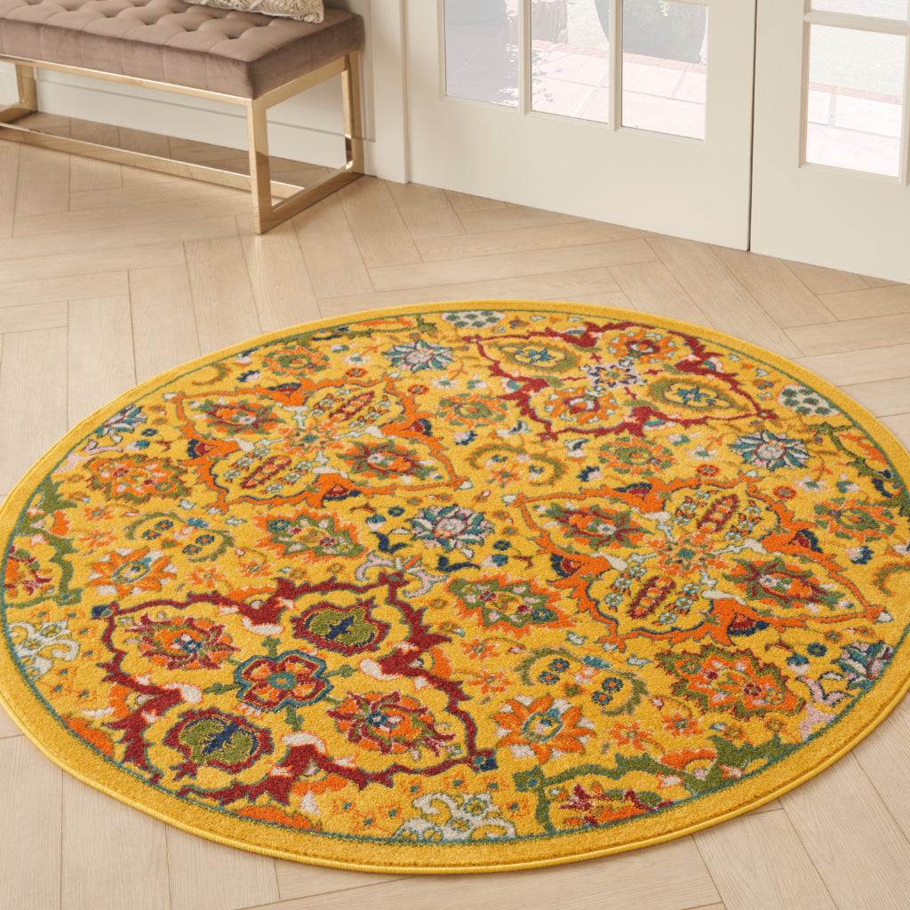 Nourison Home Allur ALR03 Power Loomed Multicolor Round Area Rug - Indoor Low Pile Bohemian Style in Yellow Background-