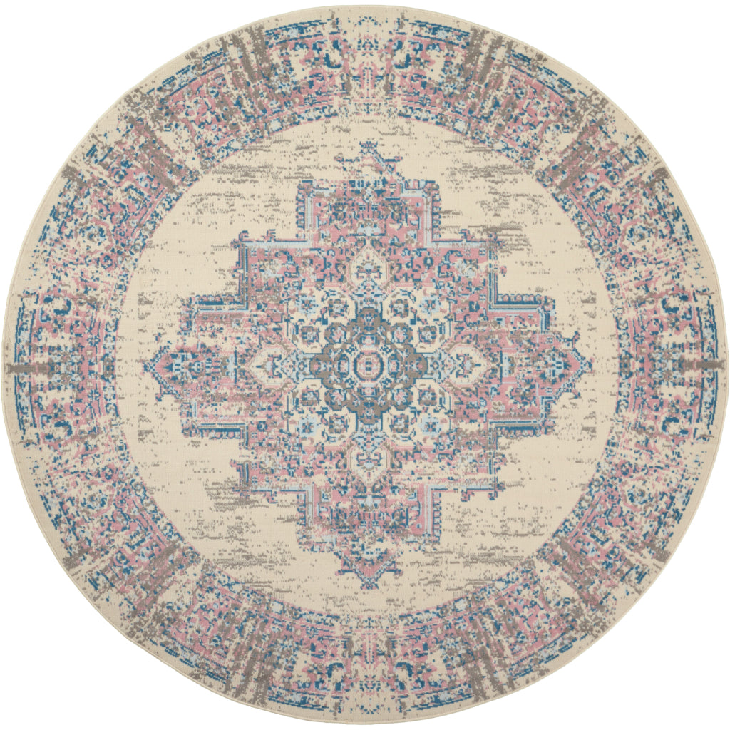 Nourison Home Grafix GRF14 Two-Color Indoor Round Area Rug - Vintage Style Power-Loomed Medium Pile Rug with Shades of Ivory & Pink-
