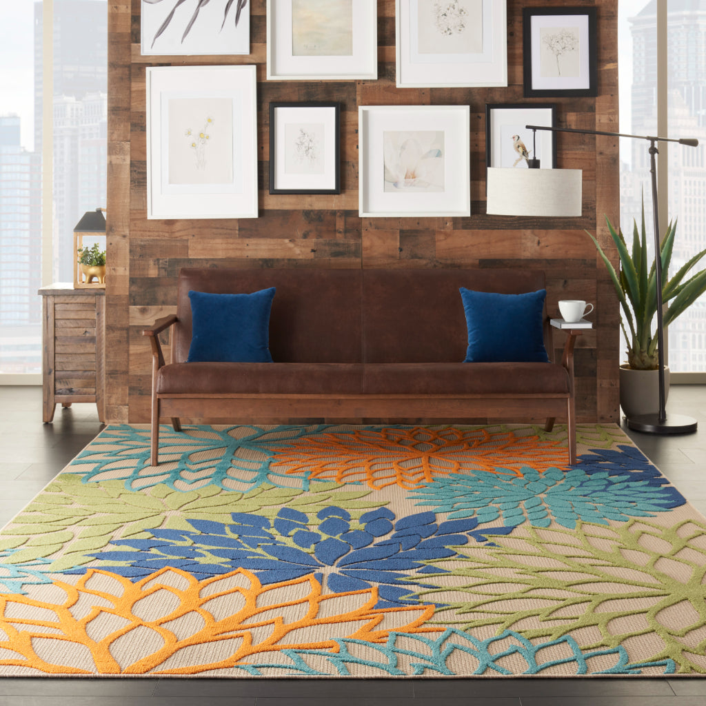 Nourison Home Aloha ALH05 Machine Made Multicolor Rectangle Area Rug - Stain Resistant Indoor &amp; Outdoor Low Pile Rug with Beige Floral Design