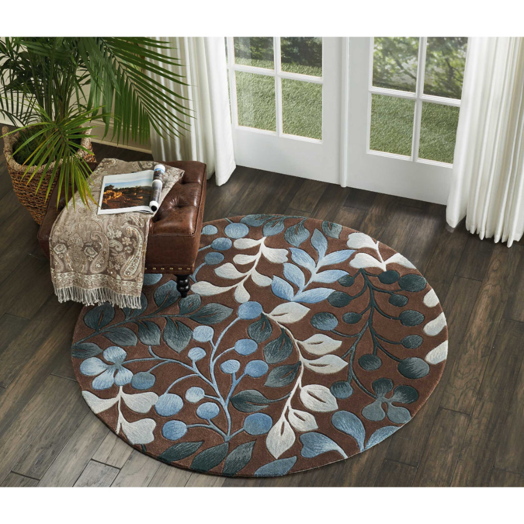 Nourison Home Contour CON02 Multicolor Indoor Round Area Rug - Tufted Medium Pile Living Room Rug with Blue & Gray Leaf Design-