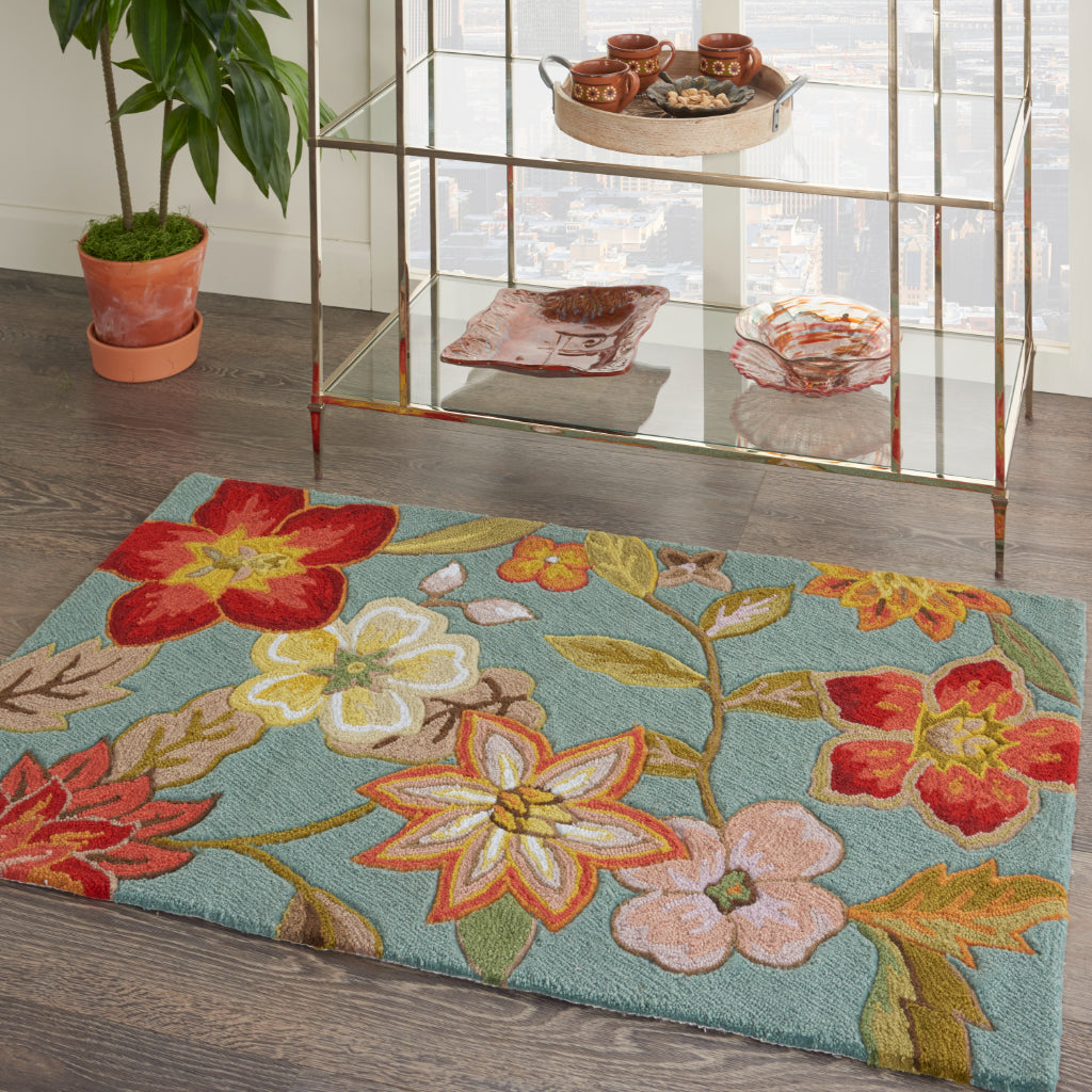 Nourison Home Fantasy FA18 Multicolor Indoor Rectangle Area Rug - Hand Hooked Medium Pile Floral Rug with Blue Background-