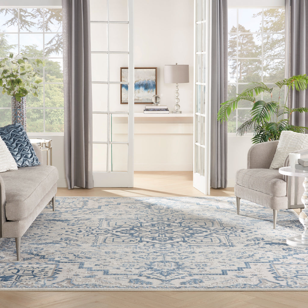 Nourison Home Elation ETN10 Two-Color Indoor Rectangle Area Rug - Low Pile Rug with Beige & Blue Hues Floral Design-