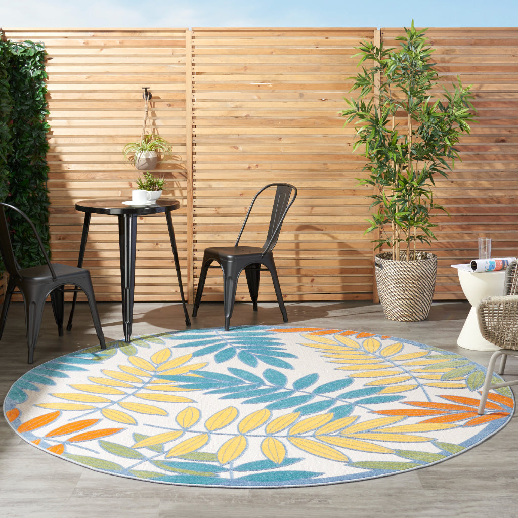 Nourison Home Aloha ALH18 Machine Made Multicolor Round Area Rug - Stain Resistant Indoor &amp; Outdoor Low Pile Floral Rug with Gray Background