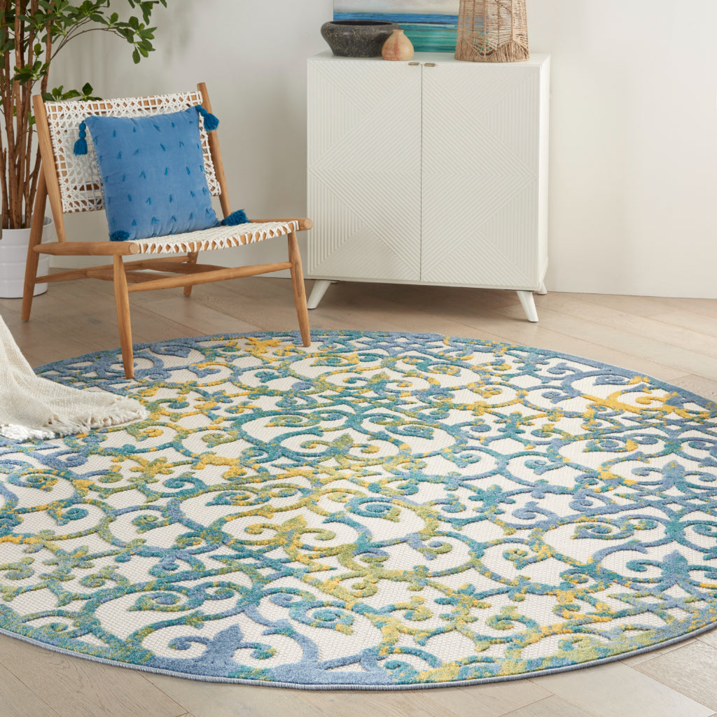 Nourison Home Aloha ALH21 Machine Made Blue Round Area Rug - Stain Resistant Indoor &amp; Outdoor Low Pile Rug with Yellow Accent