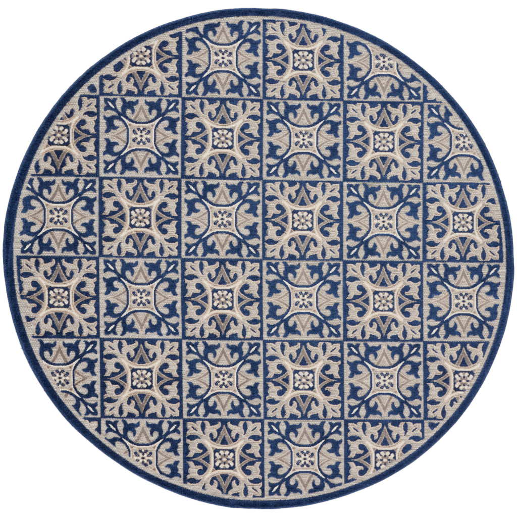 Nourison Home Aloha ALH34 Machine Made Multicolor Round Area Rug - Stain Resistant Low Pile Rug with Blue Ornate Geometric Pattern-