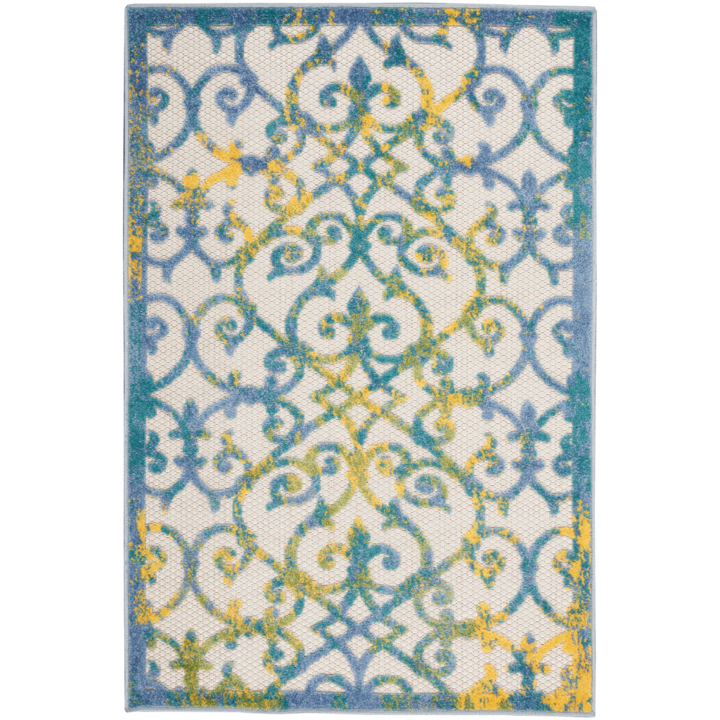 Nourison Home Aloha ALH21 Machine Made Blue Rectangle Area Rug - Stain Resistant Indoor &amp; Outdoor Low Pile Rug with Yellow Accent