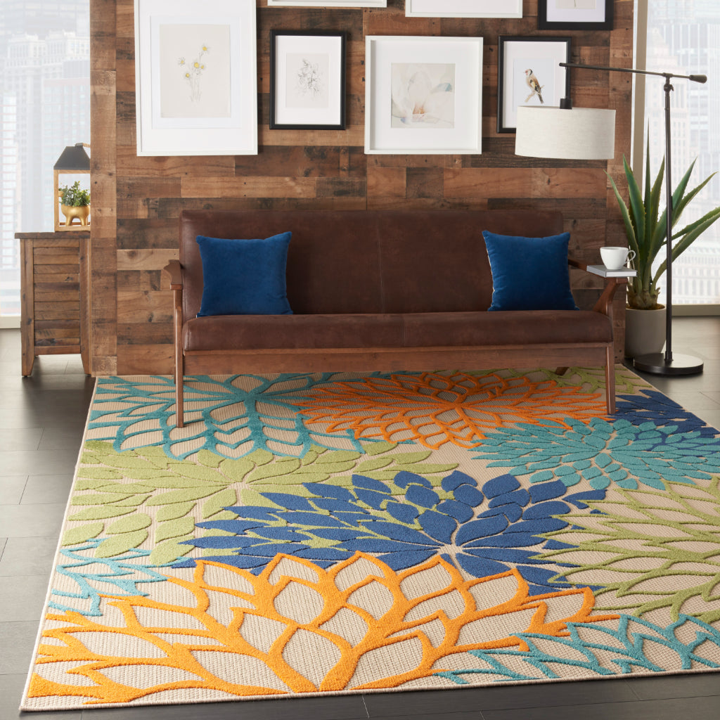 Nourison Home Aloha ALH05 Machine Made Multicolor Rectangle Area Rug - Stain Resistant Indoor &amp; Outdoor Low Pile Rug with Beige Floral Design