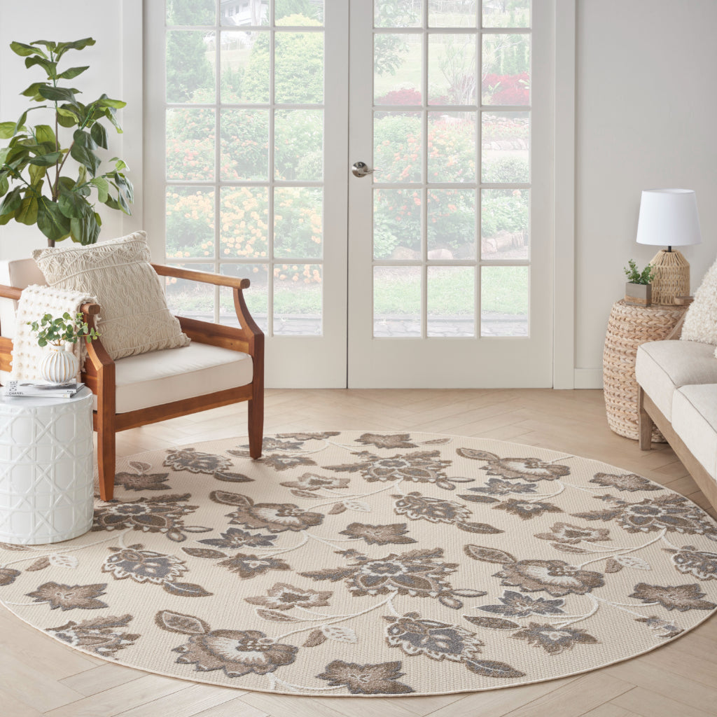 Nourison Home Aloha ALH31 Machine Made Multicolor Round Area Rug - Stain Resistant Indoor & Outdoor Low Pile Rug with Beige Floral Design-