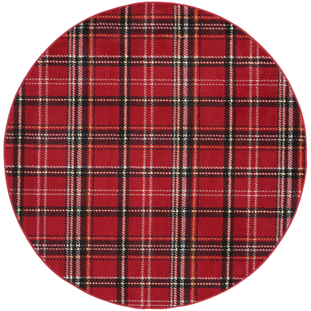 Nourison Home Grafix GRF03 Red Round Indoor Area Rug - Power Loomed Medium Pile Plaid Rug-
