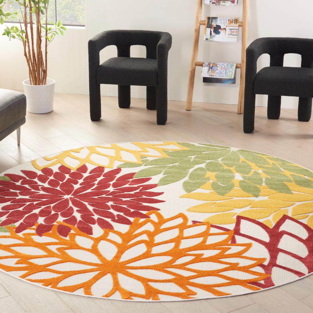 Nourison Home Aloha ALH05 Machine Made Multicolor Round Area Rug - Stain Resistant Indoor &amp; Outdoor Low Pile Rug with Red Floral Design