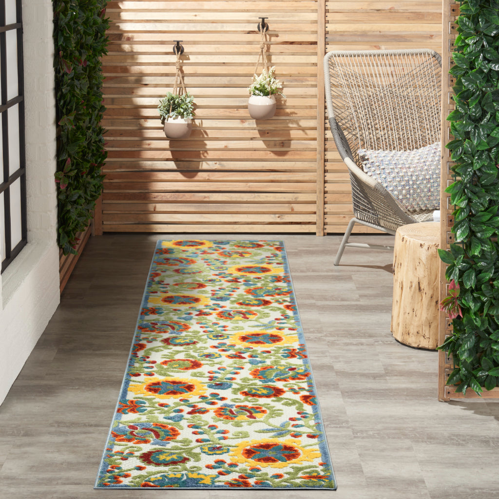 Nourison Home Aloha ALH17 Machine Made Multicolor Runner - Stain Resistant Indoor & Outdoor Low Pile Floral Runner with Ivory Background-