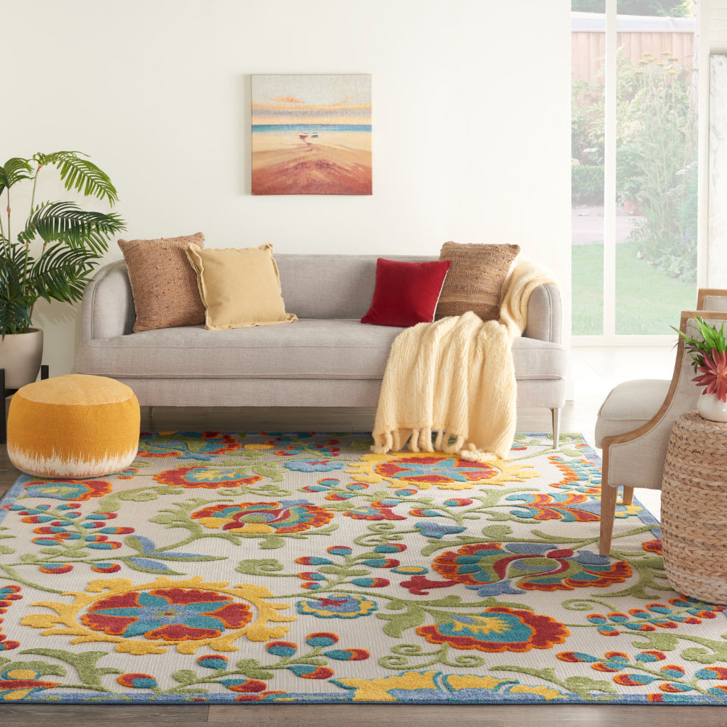 Nourison Home Aloha ALH17 Machine Made Multicolor Rectangle Area Rug - Stain Resistant Indoor & Outdoor Low Pile Floral Rug with Ivory Background-