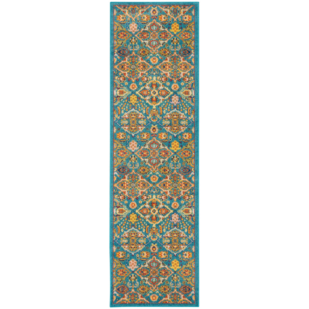 Nourison Home Allur ALR03 Power Loomed Multicolor Runner - Indoor Low Pile Bohemian Style Runner in Blue Background-