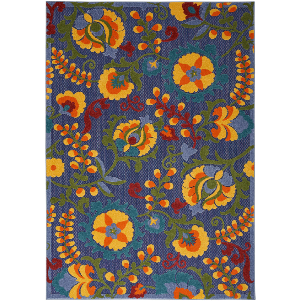 Nourison Home Aloha ALH17 Machine Made Multicolor Rectangle Area Rug - Stain Resistant Indoor & Outdoor Low Pile Floral Rug with Blue Background-