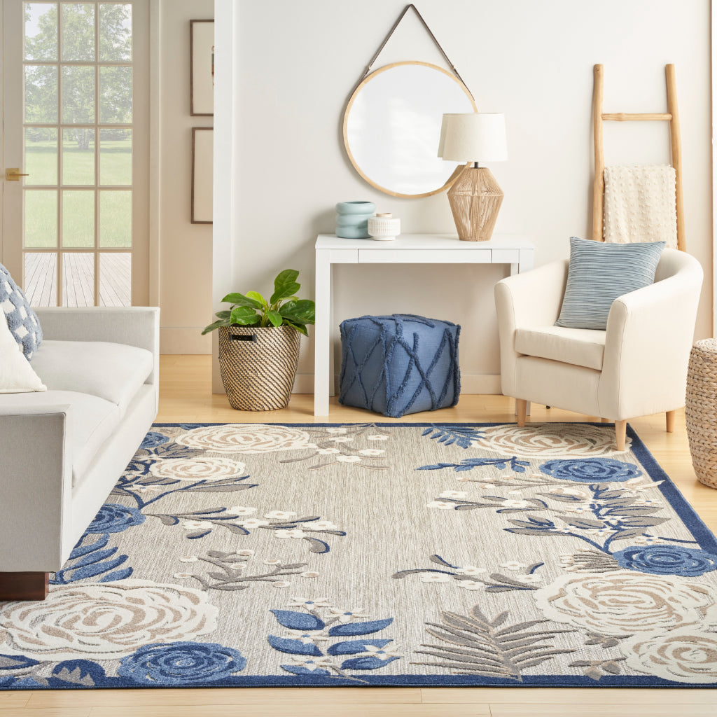 Nourison Home Aloha ALH32 Machine Made Multicolor Rectangle Area Rug - Stain Resistant Indoor & Outdoor Low Pile Rug with Blue-Gray Floral Design-