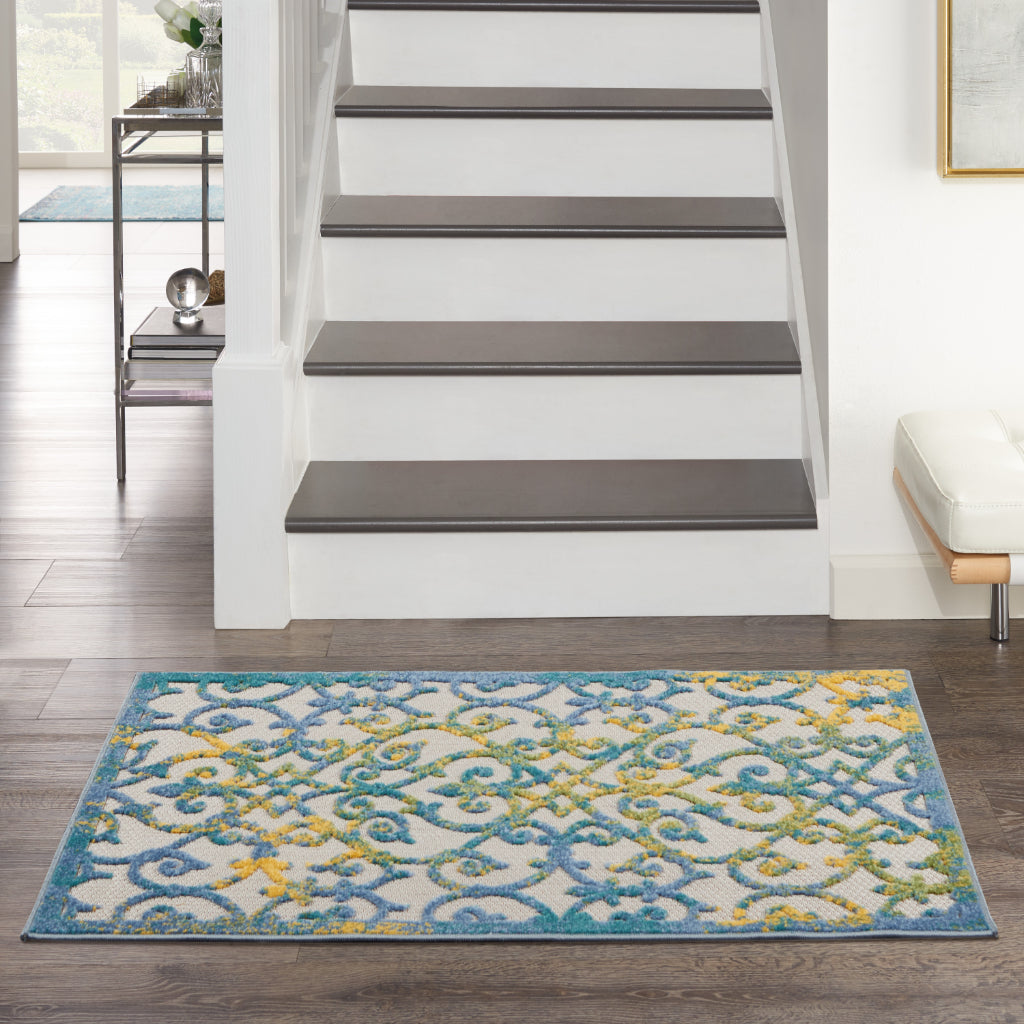 Nourison Home Aloha ALH21 Machine Made Blue Rectangle Area Rug - Stain Resistant Indoor &amp; Outdoor Low Pile Rug with Yellow Accent