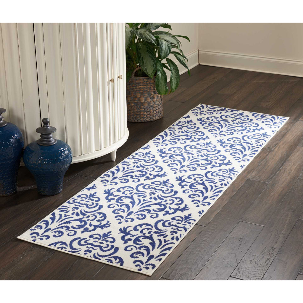 Nourison Home Grafix GRF06 Blue Indoor Runner - Power Loomed Medium Pile Runner with Damask Pattern