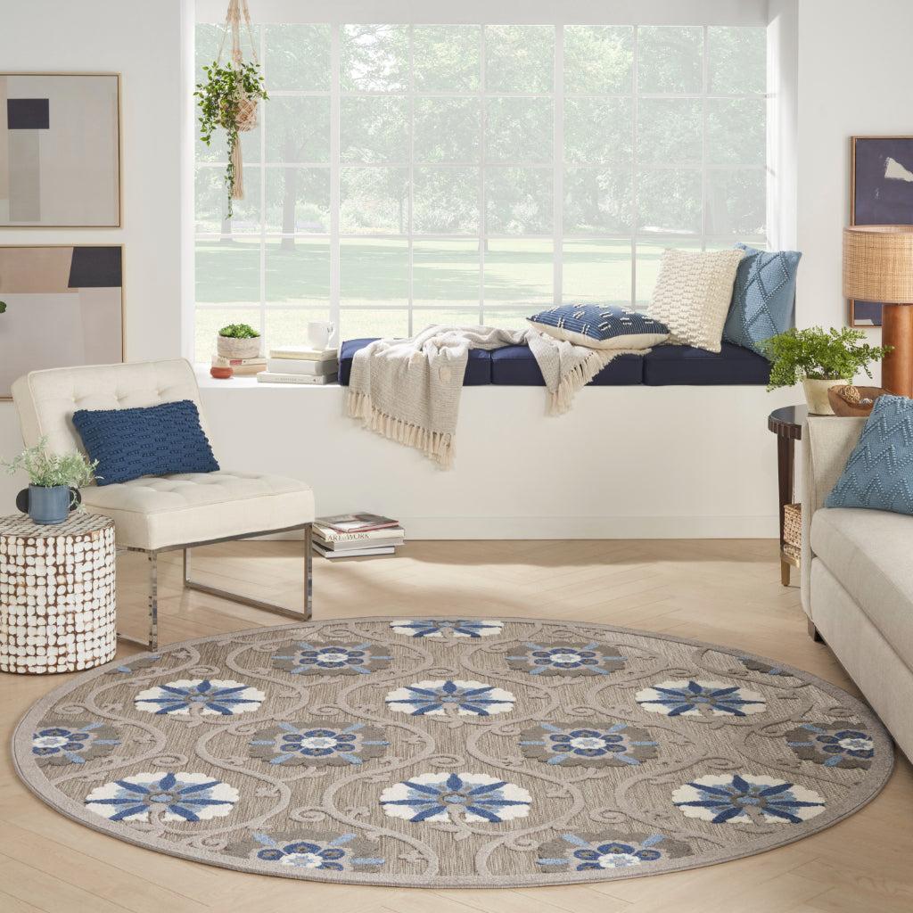 Nourison Home Aloha ALH19 Machine Made Multicolor Round Area Rug - Stain Resistant Indoor & Outdoor Low Pile Floral Rug with Gray Background-