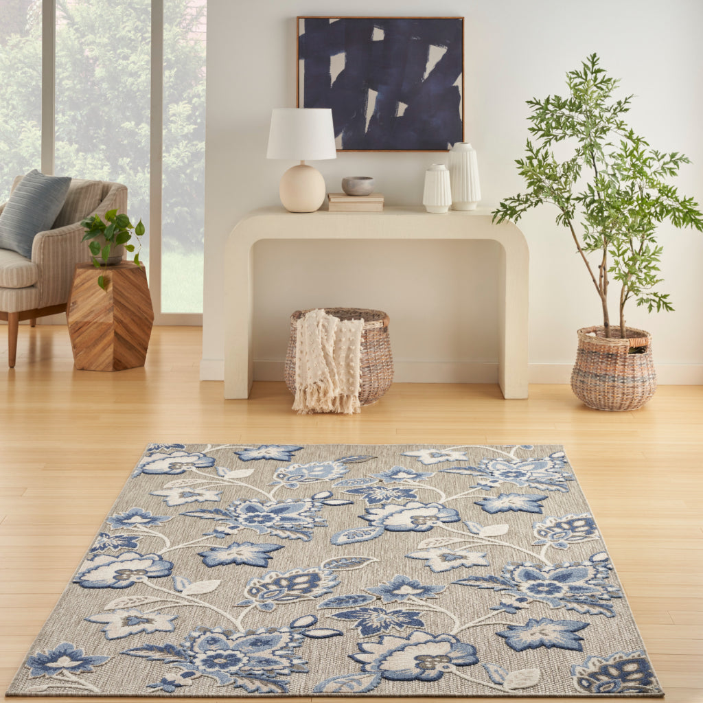 Nourison Home Aloha ALH31 Machine Made Multicolor Rectangle Area Rug - Stain Resistant Indoor & Outdoor Low Pile Rug with Blue-Gray Floral Design-