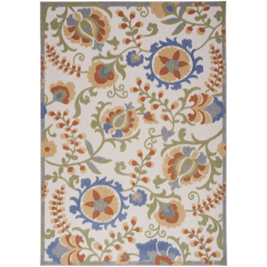 Nourison Home Aloha ALH17 Machine Made Multicolor Rectangle Area Rug - Stain Resistant Indoor & Outdoor Low Pile Floral Rug with Cream Background-