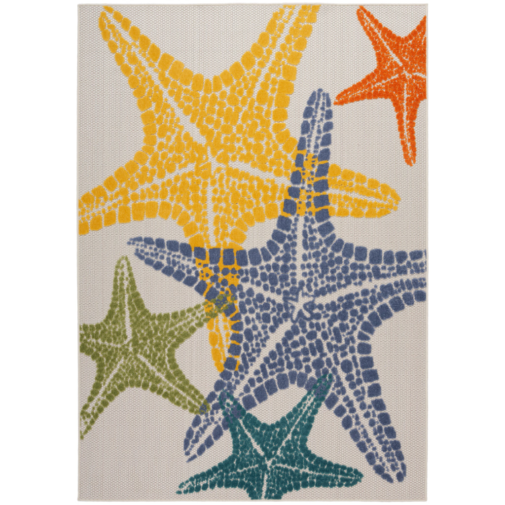 Nourison Home Aloha ALH28 Machine Made Multicolor Rectangle Area Rug - Stain Resistant Indoor/Outdoor Rug with Starfish Design in White Background-