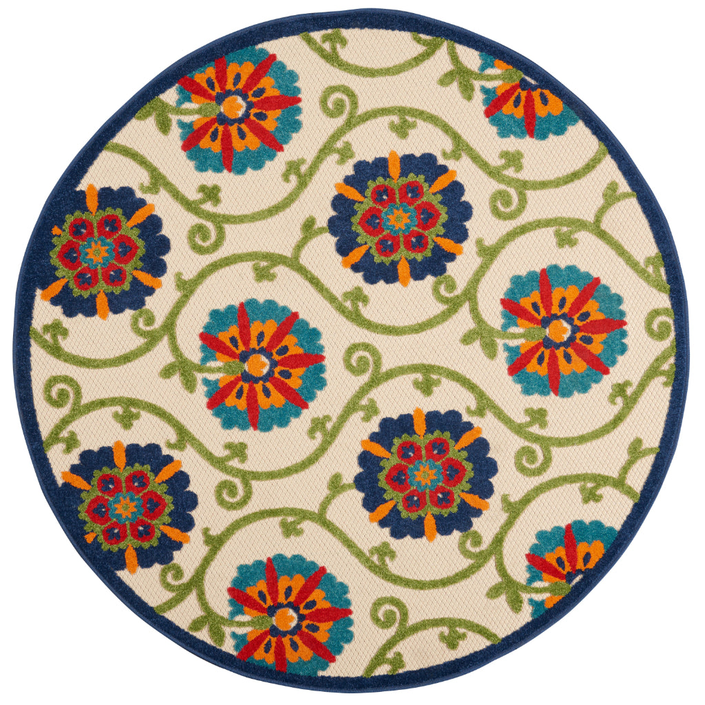 Nourison Home Aloha ALH19 Machine Made Multicolor Round Area Rug - Stain Resistant Indoor & Outdoor Low Pile Floral Rug with Cream Background-