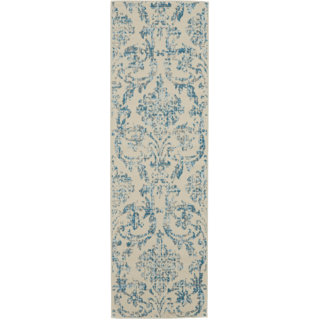 Nourison Home Jubilant JUB09 Blue Indoor Runner - Classic Damask Pattern Medium Pile Runner